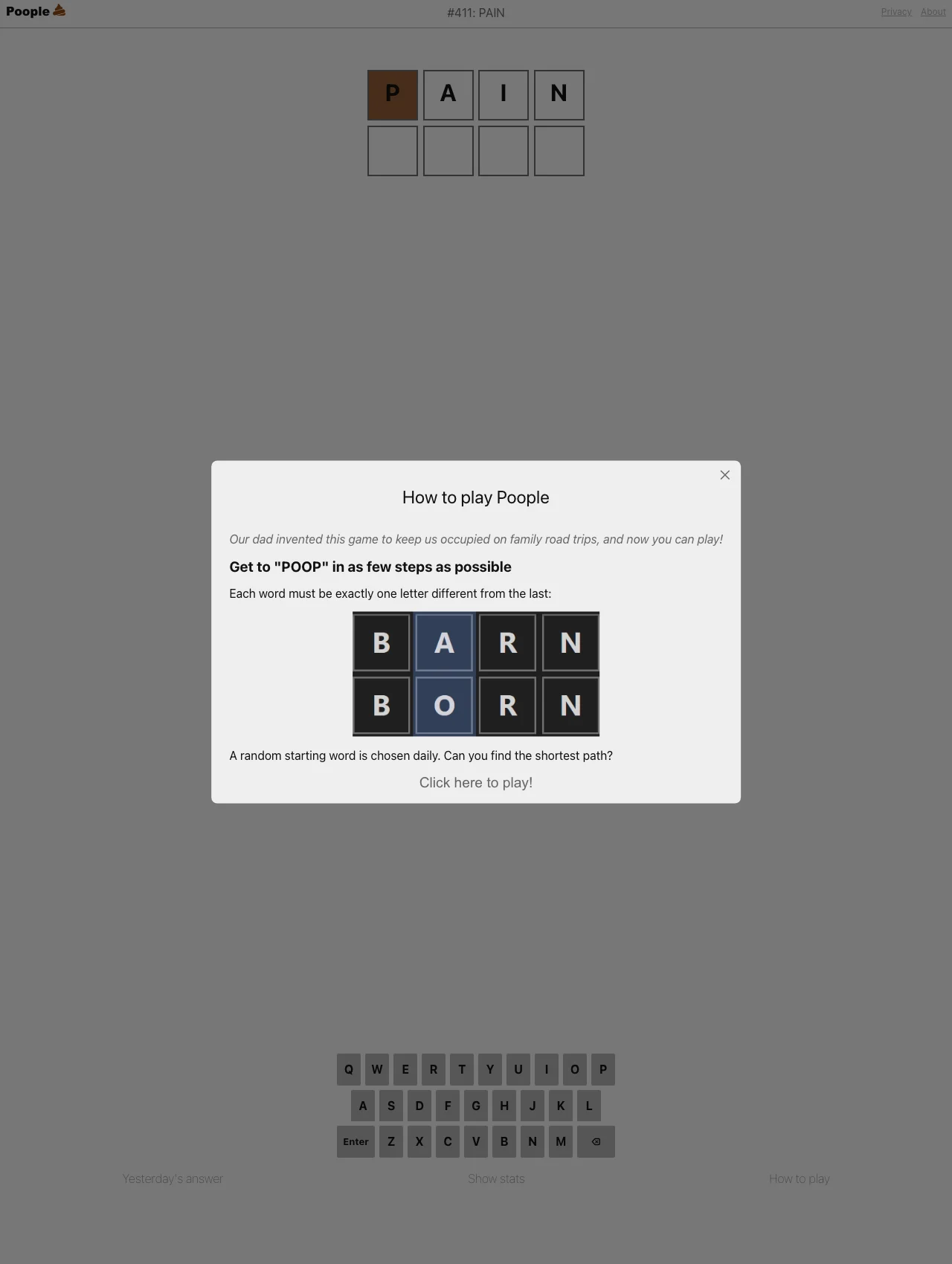 Screenshot of poople.io showing puzzle 411 starting at PAIN